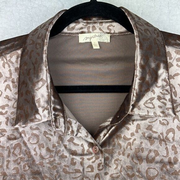 Mystree Velvet Leopard Button Up Top Womens L Boho Neutral Shiny Stretchy Office - Picture 7 of 10